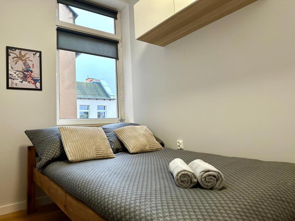 格但斯克MMRent Tiger Room的卧室配有带枕头的床铺和窗户。