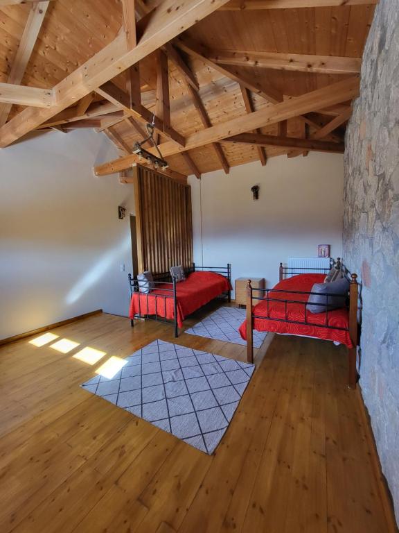 卡拉维塔Τα πέτρινα στο Σκεπαστό的一间设有两张红色床铺和石墙的房间