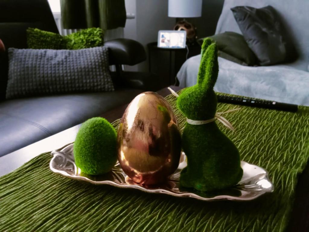 KamiennaAgroturystyka u Rysia的床上盘子里的两只绿色填充动物