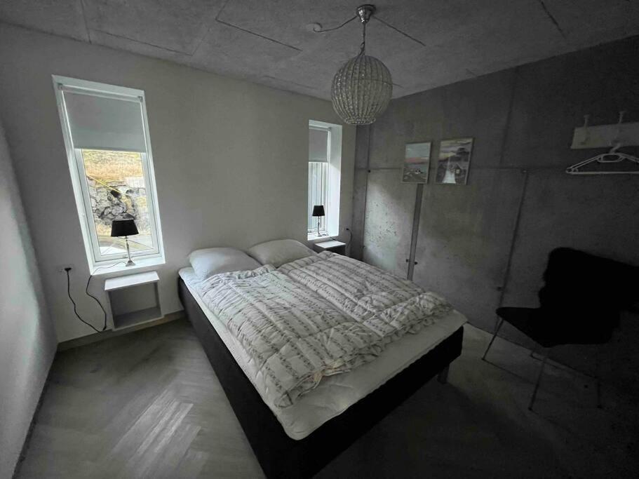 HvalvíkBrandnew Waterfront Apartment的一间卧室设有一张床和两个窗户。