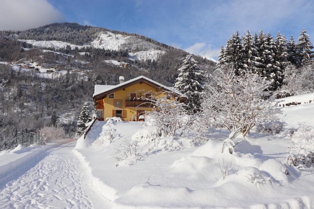 圣博沃Eco-Baita Natura Spensierata的山前雪覆盖的房子