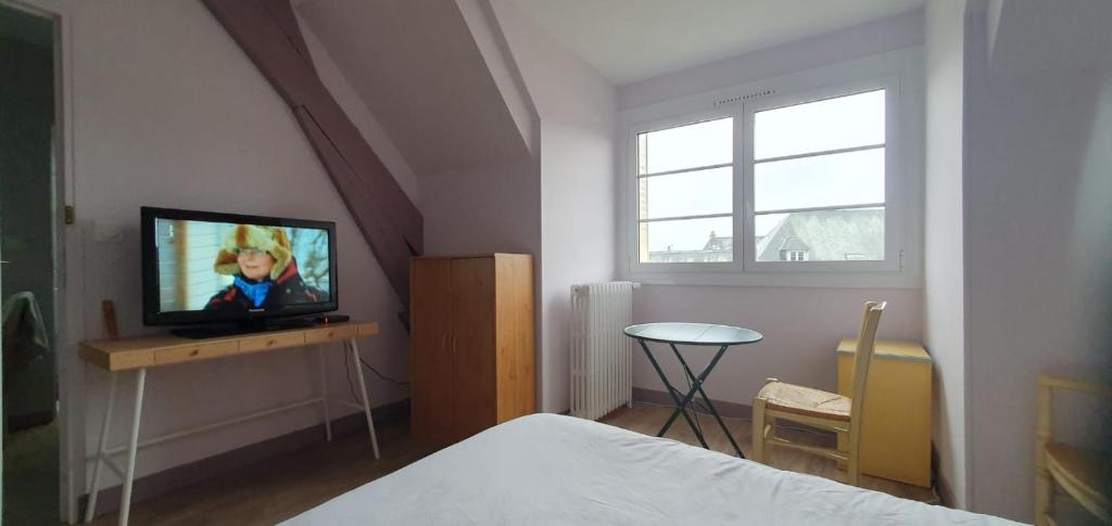 卢瓦尔河畔叙利Les Géraniums Sullylois的一间卧室配有一张床和一张桌子上的电视