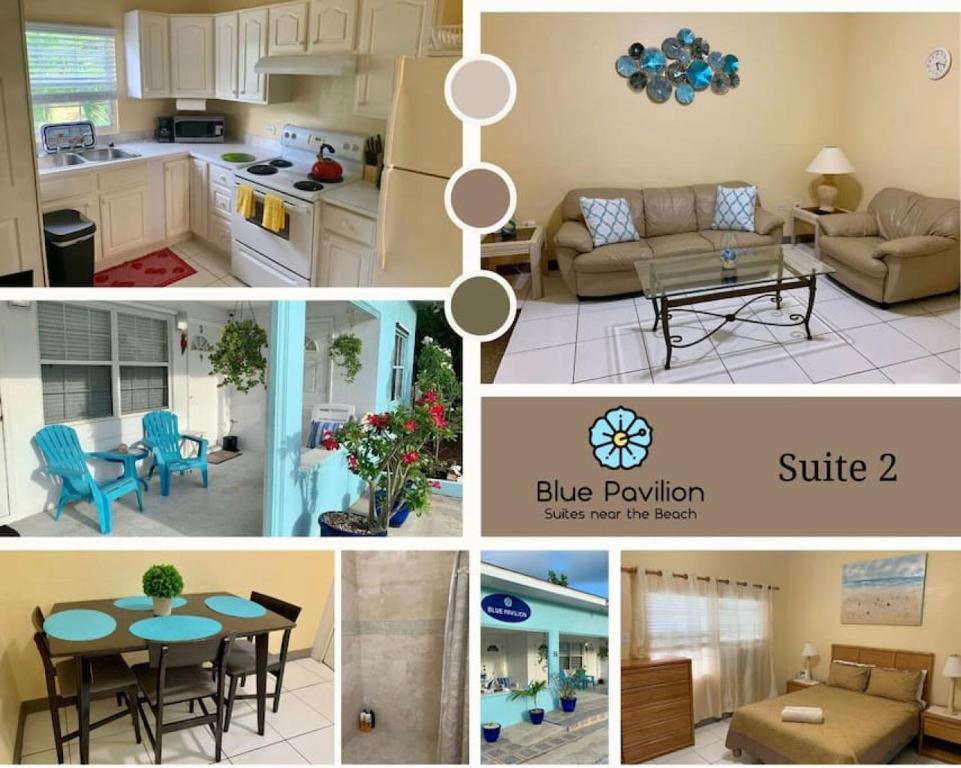 西湾SUITE 2A, Blue Pavilion - Private Bedroom in Shared Suite - Beach, Airport Taxi, Concierge, Island Retro Chic的厨房和客厅的图片拼合