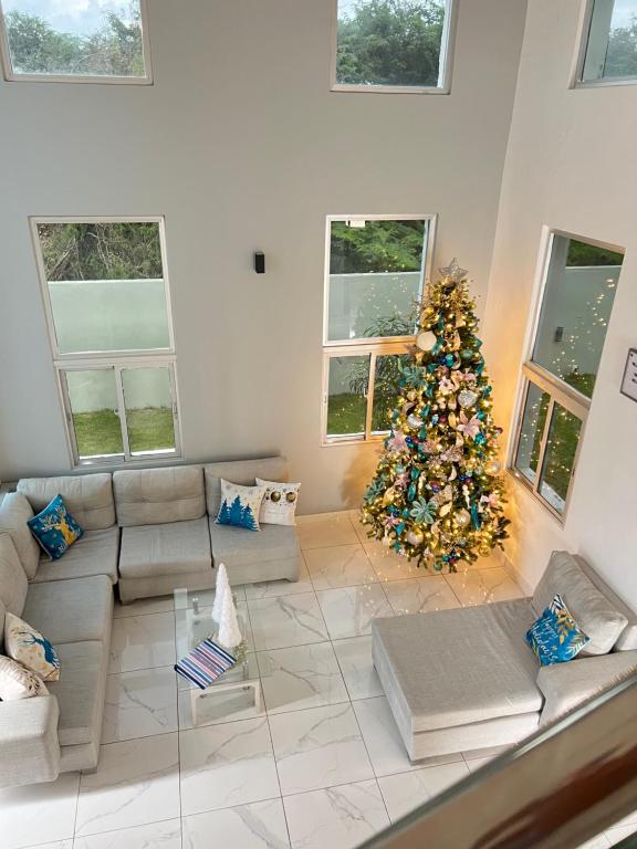 苏莎亚5 Star Villa minutes from Airport and Beaches的客厅配有圣诞树和沙发