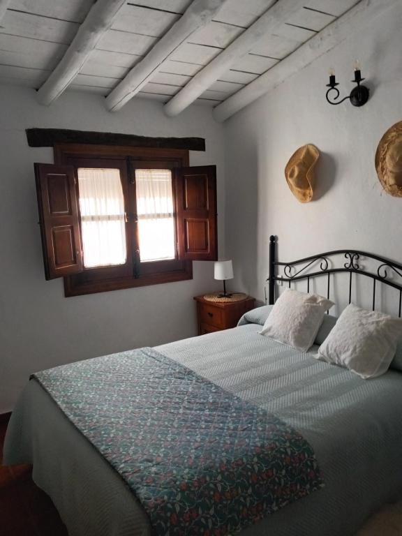 赫纳尔瓜西尔Casa Harillo-Charming 1 bedroom in Genal mountains的一间卧室配有一张带蓝色毯子的床和窗户。