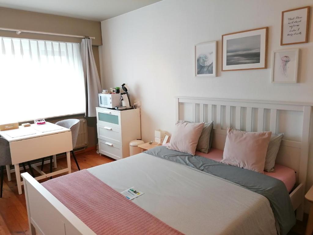 奥斯坦德Sea-Me Ostend的一间卧室配有一张床、一张桌子和一张书桌