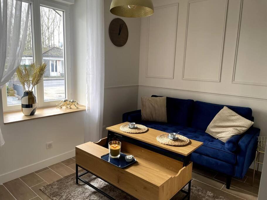 维耶尔宗Bleu Suprême balnéo的客厅配有蓝色的沙发和茶几