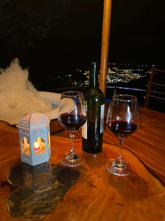 比亚维森西奥Senderos Glamping的一张桌子,上面放有两杯酒和一瓶葡萄酒