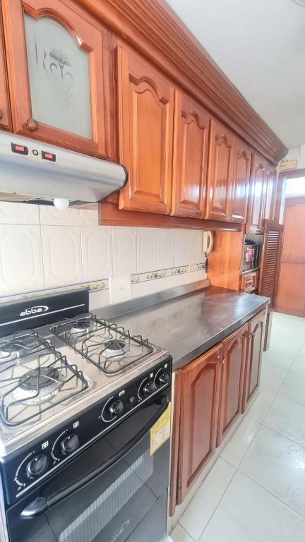卡塔赫纳Acogedor y Residencial piso 3的厨房配有炉灶和木制橱柜。