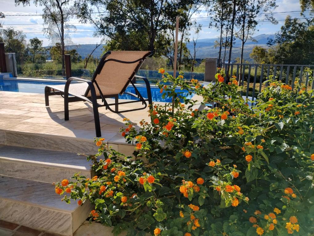 圣若昂-达巴拉Pousada Ribeirinha的坐在种植了橙花的灌木丛旁边的椅子