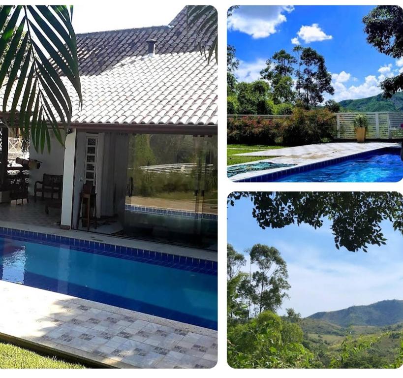 伊泰帕瓦Casa de Campo - Vista da montanha的房屋和游泳池的照片拼凑而成