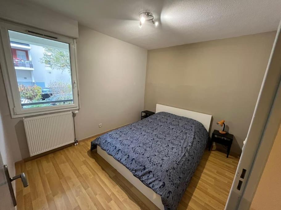 斯特拉斯堡Charmant T2 + parking et balcon的一间卧室设有一张床和一个大窗户