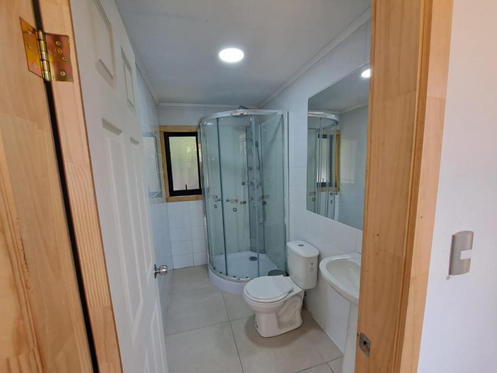 卡斯特鲁Altos de Llicaldad Lodge的带淋浴、卫生间和盥洗盆的浴室