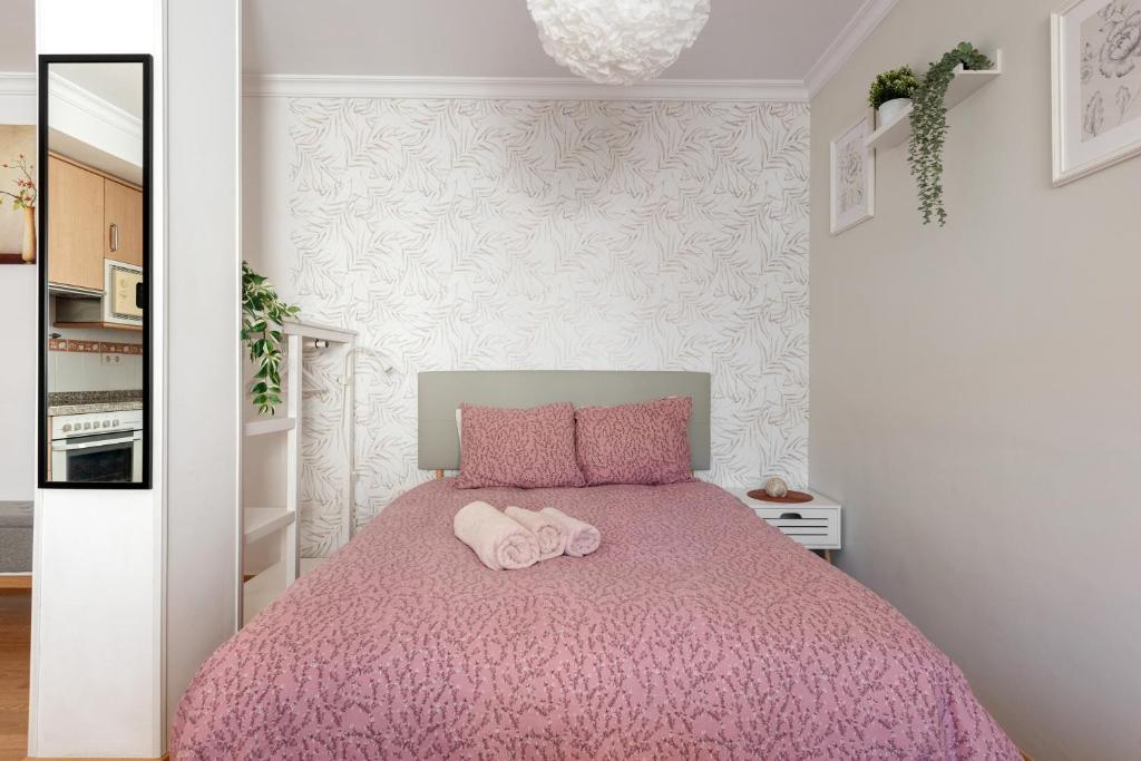 马拉加Carmen Estacion的一间卧室配有粉红色的床和2条毛巾