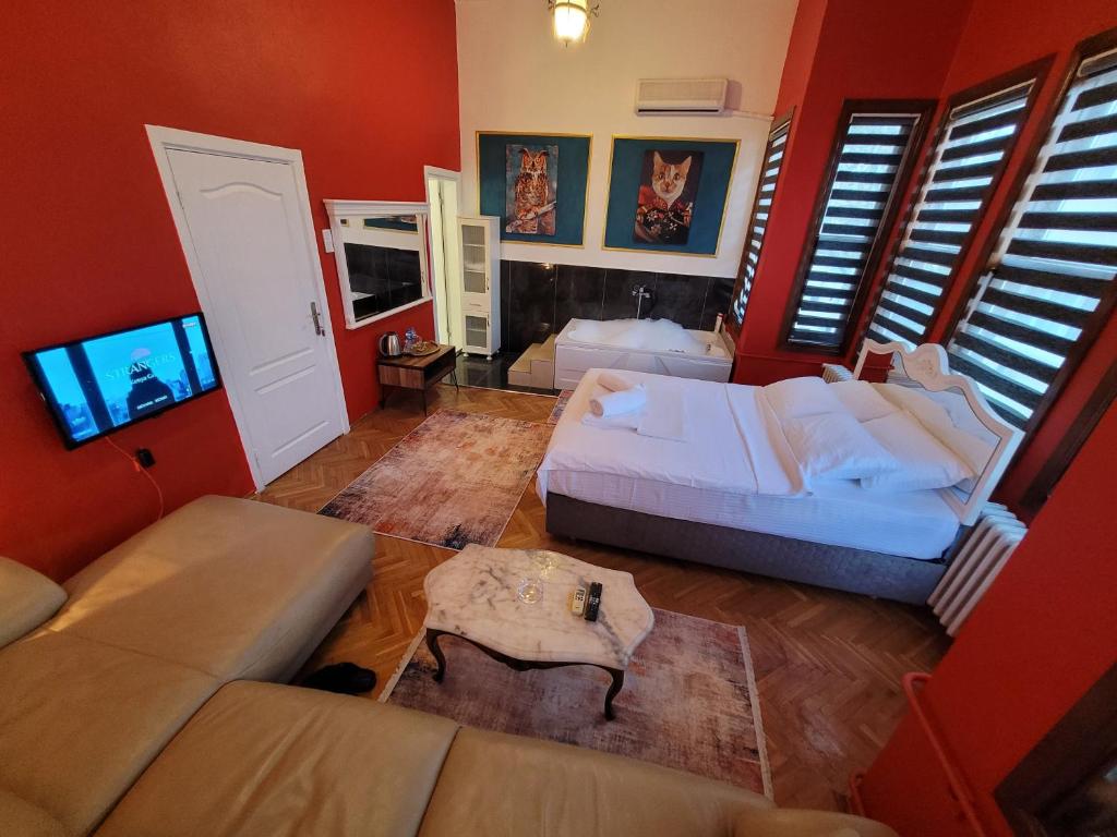 伯萨Sarı Köşk Butik Otel的客厅配有床和沙发