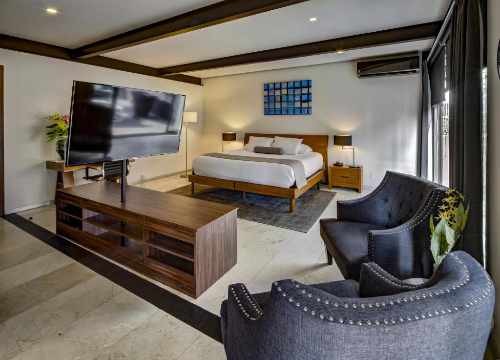 墨西哥城MX格兰德套房公寓式酒店的一间卧室配有一张床和一台平面电视