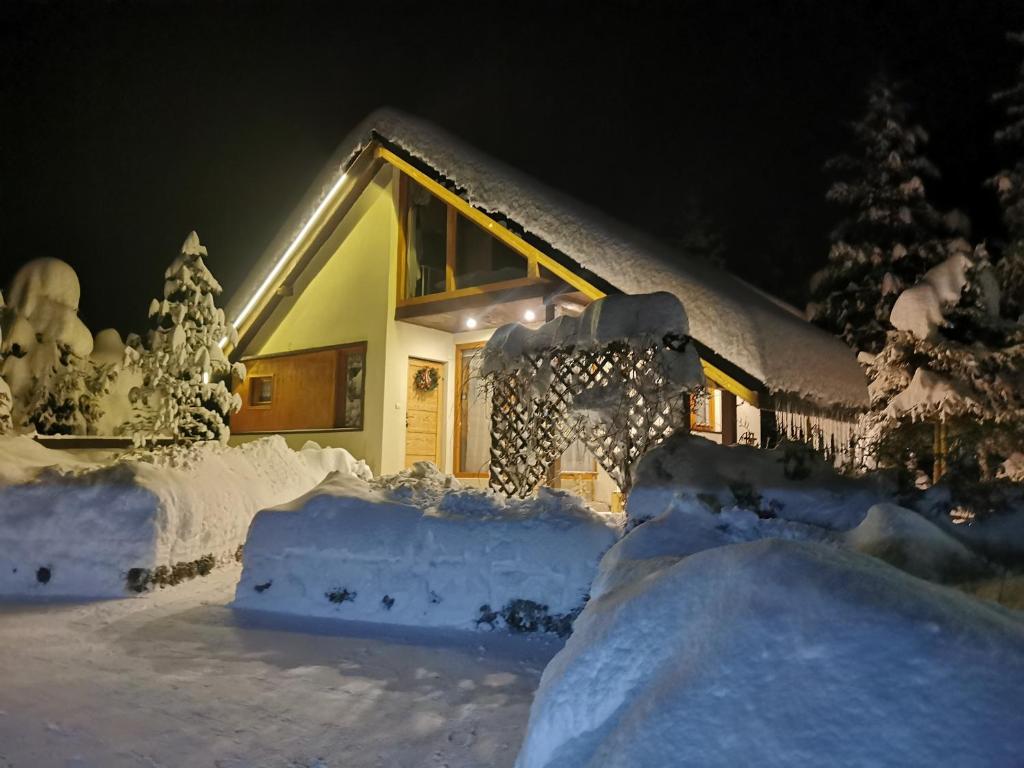 ZłatnaDomek na szlaku Rysianka Beskidy的被雪覆盖的房子