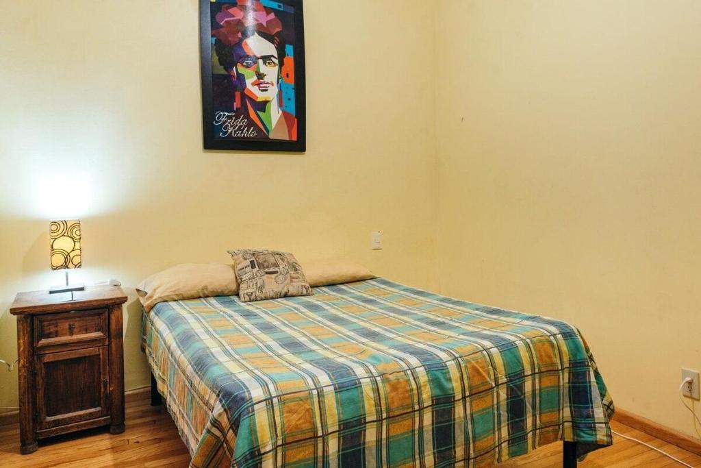 墨西哥城Mejor precio ubicación 2p habitación cómoda的卧室配有一张床,墙上挂着一幅画