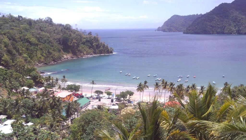 Maracas Bay VillageMaracas Bay View的享有海滩和水中船只的景色