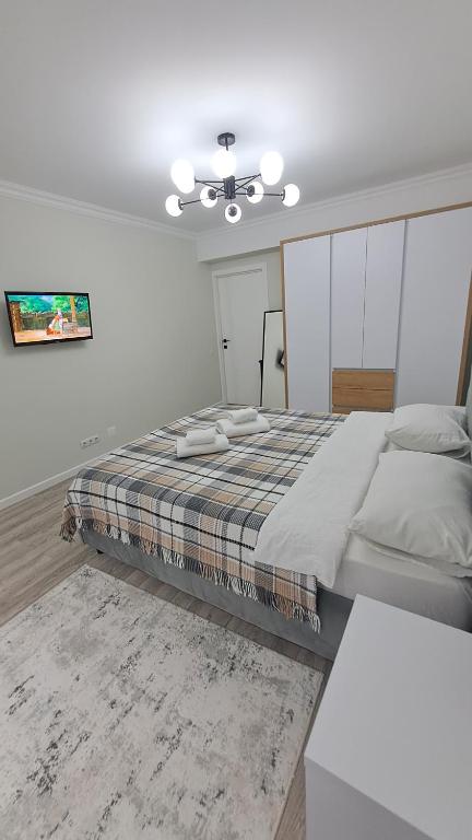 基希讷乌Аэропорт Апартаменты 24&24的一间卧室配有一张大床和吊扇