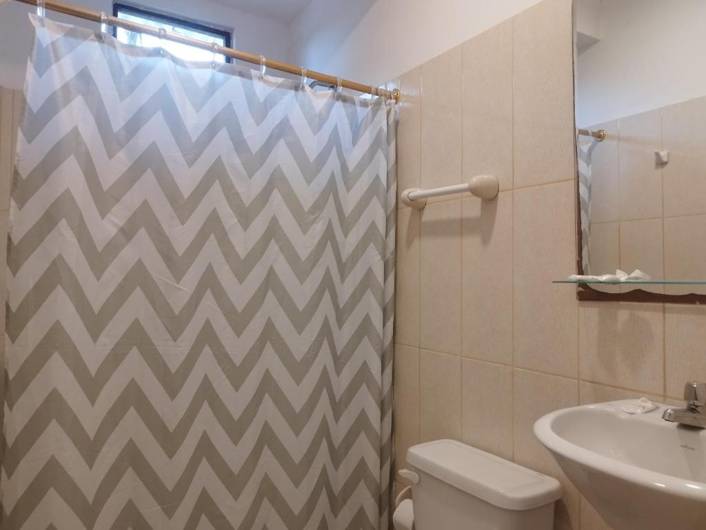 蒙塔尼塔Palmendros Hosteria的浴室配有淋浴帘、卫生间和盥洗盆。