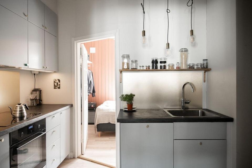 奥斯陆Botanical garden apartments的厨房配有白色橱柜和水槽