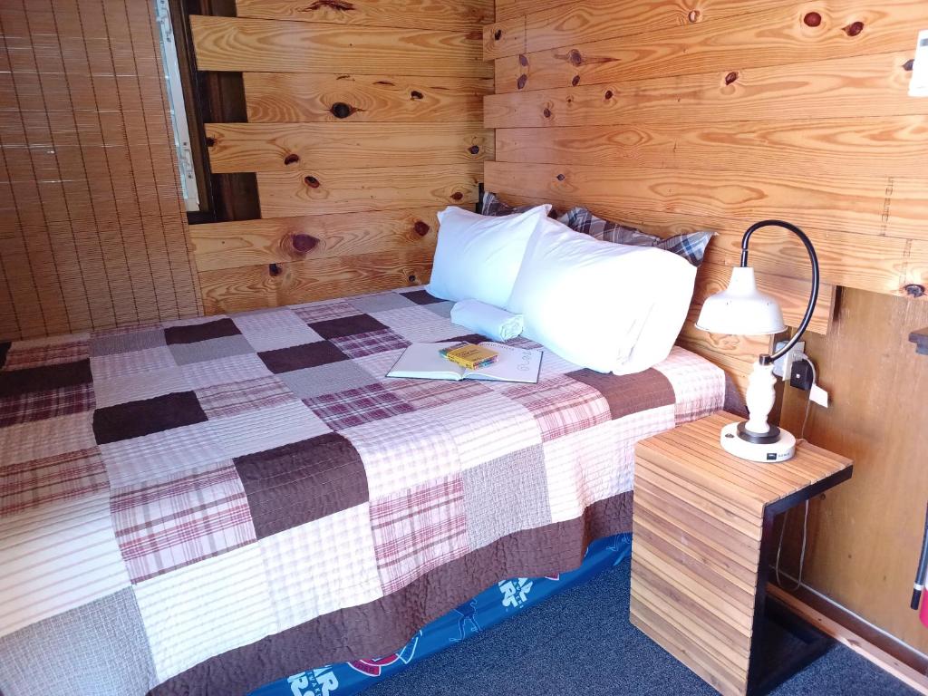 Cabin by the Pool的一间卧室,配有一张带灯和书籍的床