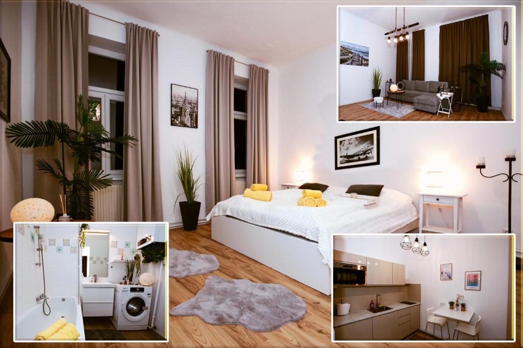 维也纳Pension Lovac 10的卧室和客厅的照片拼合在一起