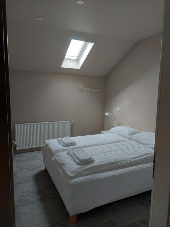 霍芬Heppa Apartments的卧室配有一张白色大床和天窗