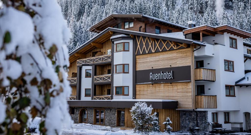 图克斯Auenhotel的雪覆盖着雪覆盖的群山的酒店