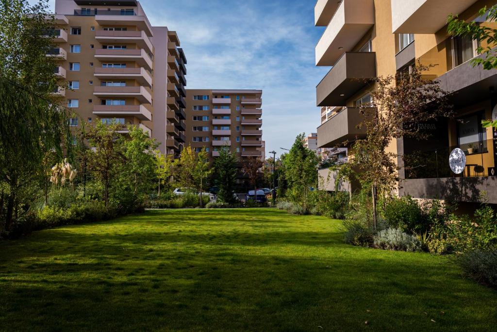 布拉索夫JAD - Luxury - 3 Room Apartments - Urban Plaza的两座高楼之间的草地庭院
