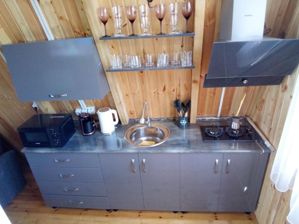 巴统Cottage "Sunset"的一个带水槽和柜台的小厨房