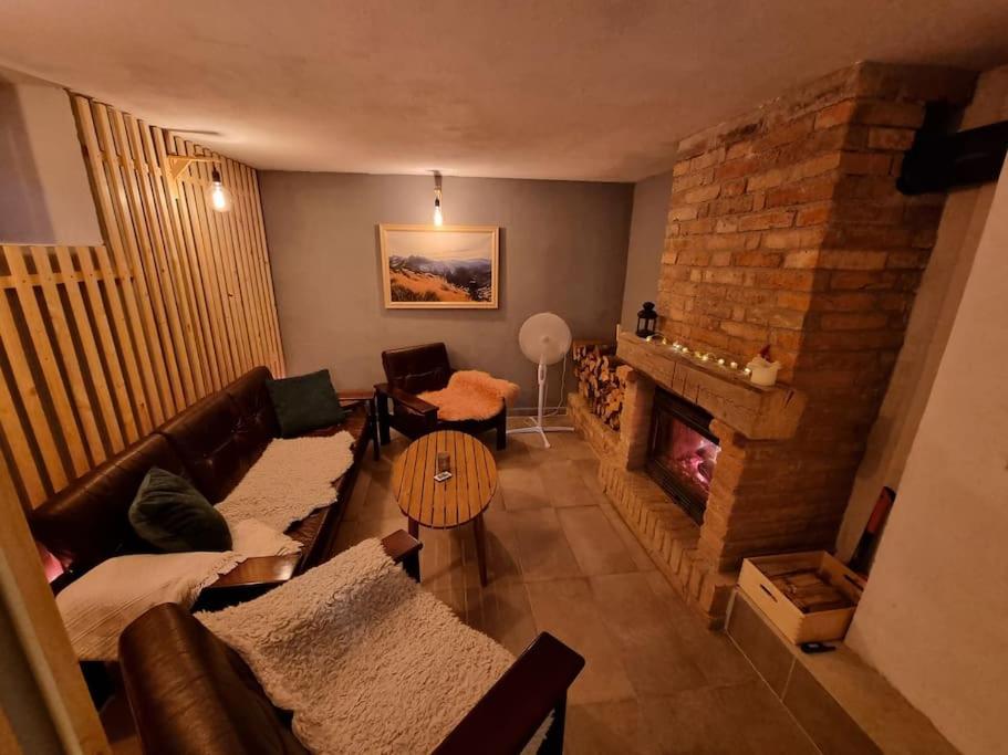 兹蒂尔Chata pod smrečkami s krbom a krásnym prostredím的带沙发和砖砌壁炉的客厅