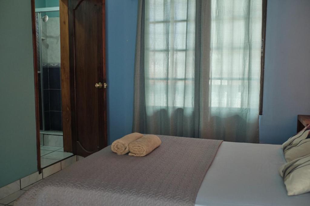 科马亚瓜Apto casco histórico Acropolis的卧室内床边的两条毛巾