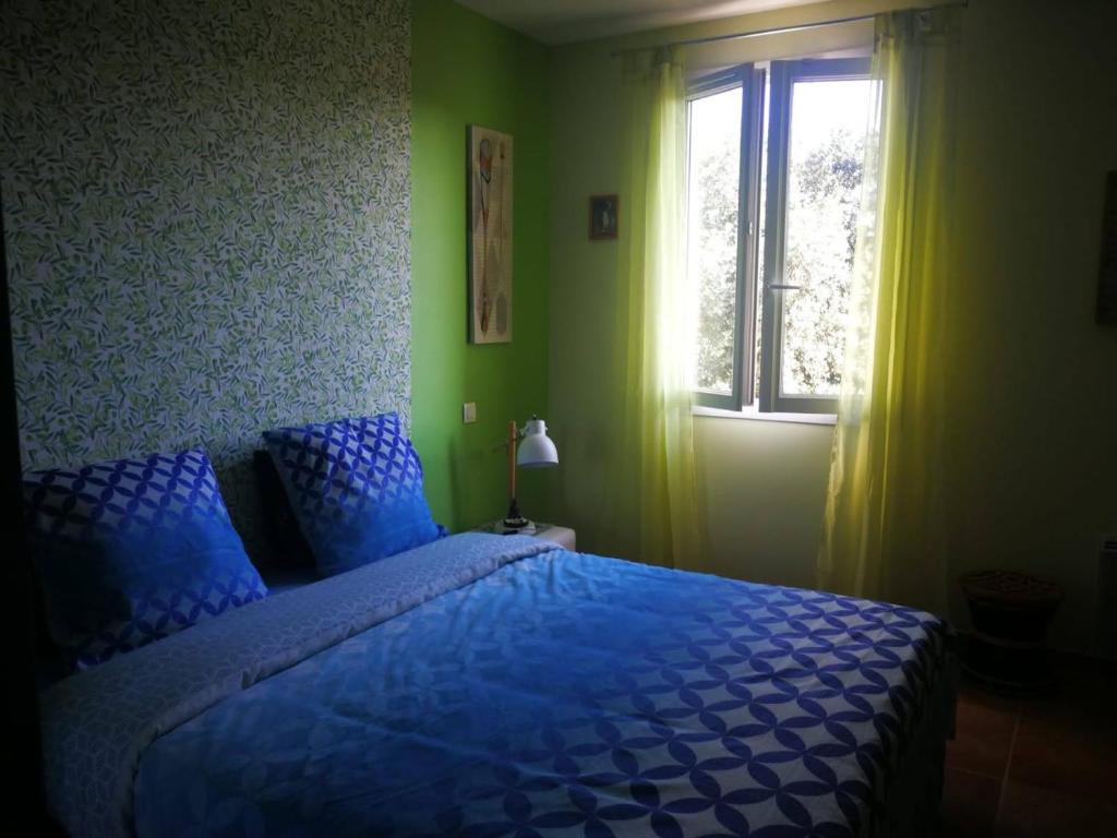 尼姆Chambre Cosy的一间卧室设有蓝色的床和窗户。