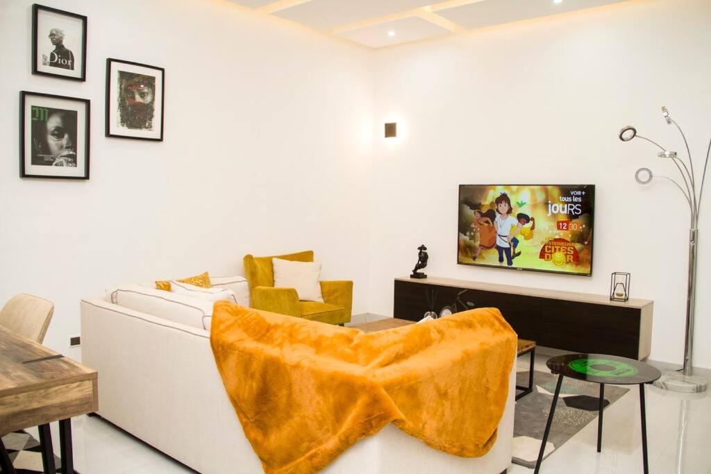 科托努Luxueux Appartement meublé à Cotonou的客厅配有沙发和墙上的电视