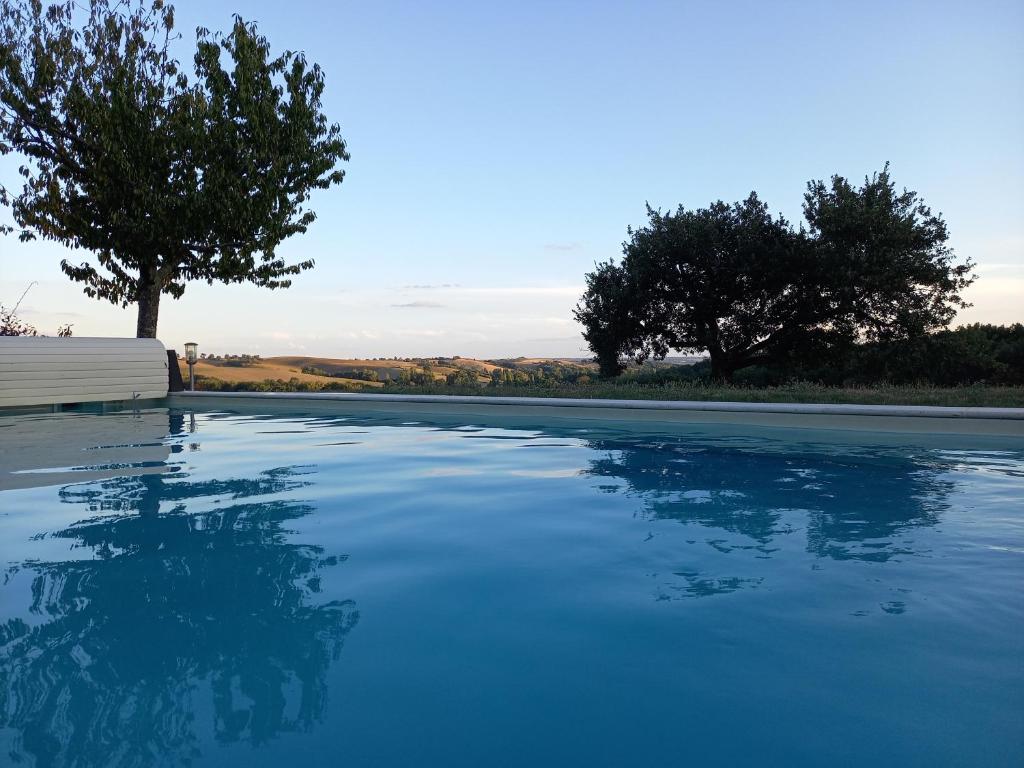 GrazacLes Goullans的一个蓝色的海水和树木背景的游泳池