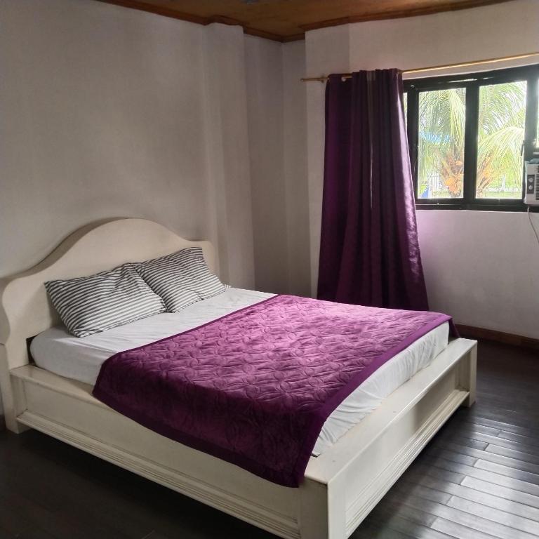 TumauiniMadria's Pension House Reddoorz的一间卧室配有一张带紫色床单的床和窗户。
