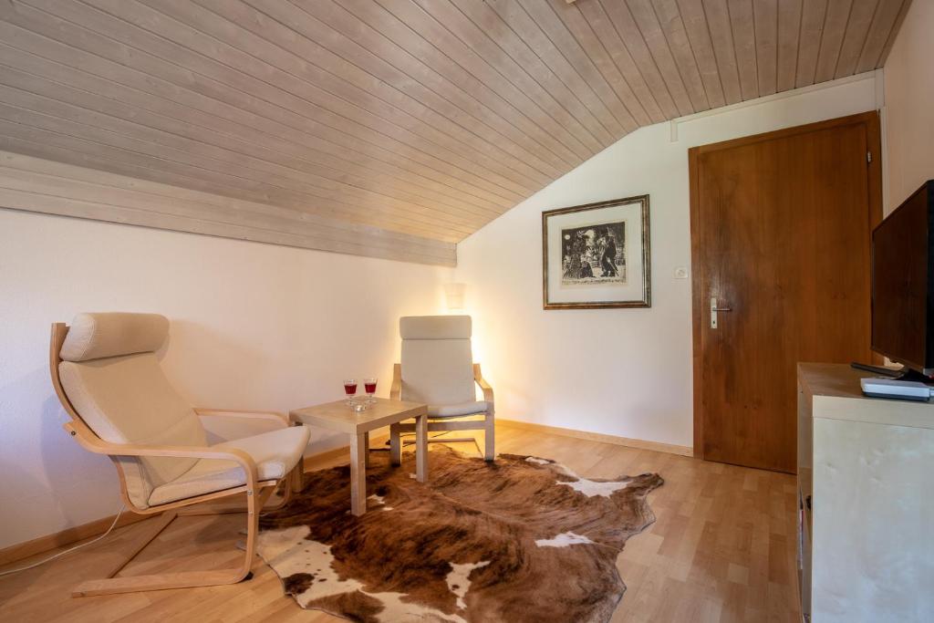 施库尔Chasa Gernet Buorcha的客厅配有桌子、两把椅子和地毯。