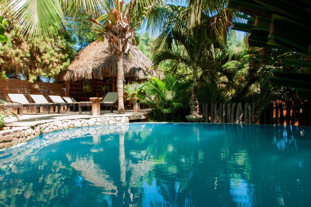 曼克拉马库拉琪姆巴斯简易别墅的一座棕榈树和椅子的游泳池