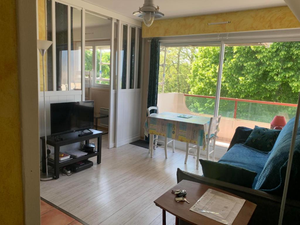 滨海维莱Appartement Villers-sur-Mer, 2 pièces, 4 personnes - FR-1-712-58的带沙发、桌子和电视的客厅