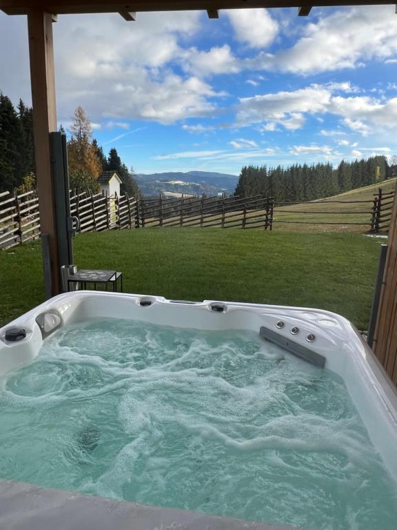 圣卡瑟林阿哈Waldheimatblick的享有田野景色的按摩浴缸