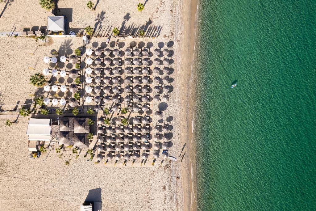 尼欧波洛伊奥运之星海滩公寓式酒店的水边停车场的空中景观