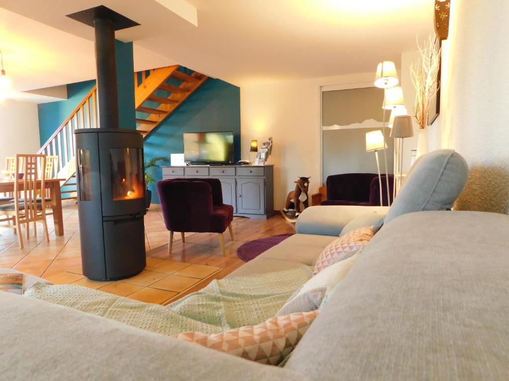 NébouzatGites et Cocon des Puys的带沙发和壁炉的客厅