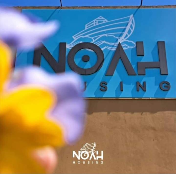 圣多美Noah Housing的前景中紫色花的诺亚汉博物馆标志