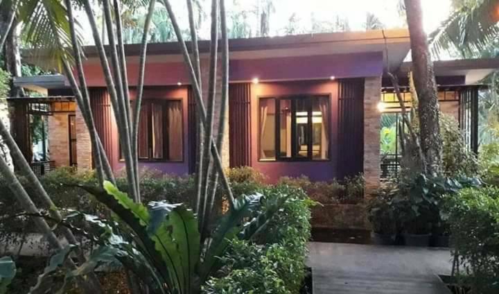 邦萨雷สวนผึ้ง2 รีสอร์ท - Suan Phueng 2 Resort的一座紫色外墙的别墅,拥有树木和植物
