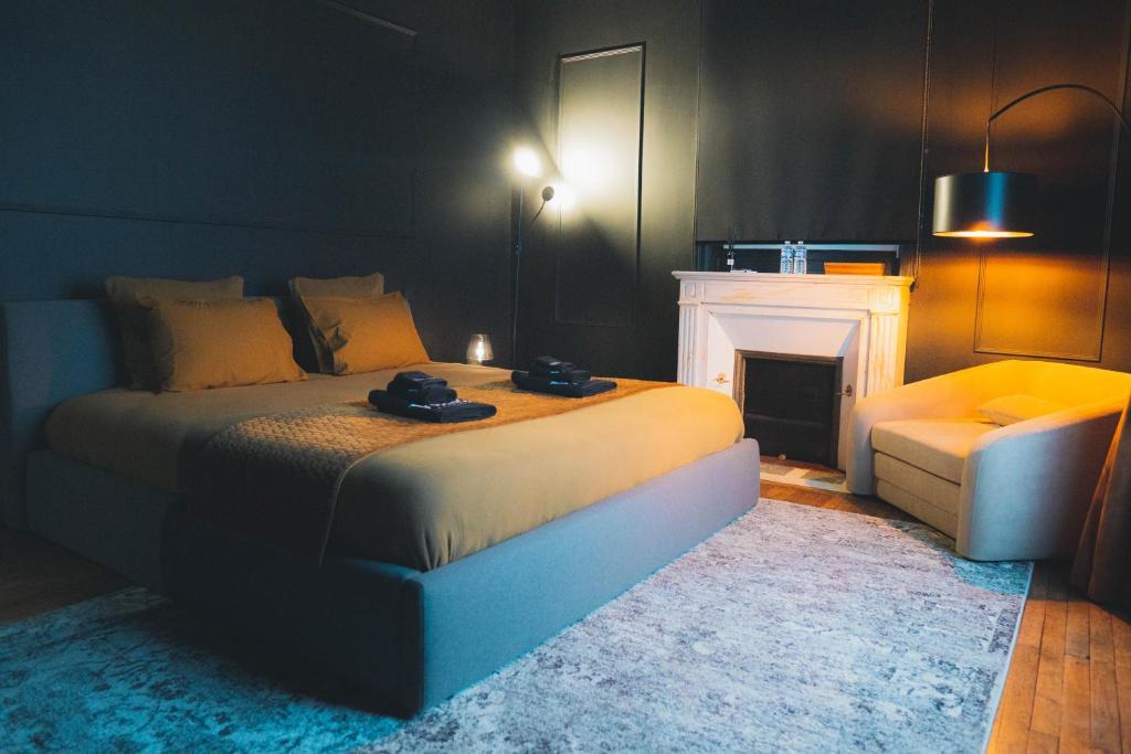 里摩日Villa37 - Maison privée indépendante centre-ville Limoges的一间卧室设有一张大床和一个壁炉