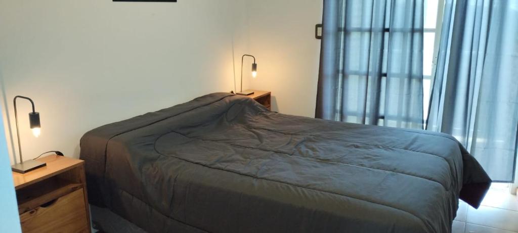 里奥夸尔托Departamento Amoblado Rio Cuarto 2的一间卧室配有一张床和一个带灯的床头柜