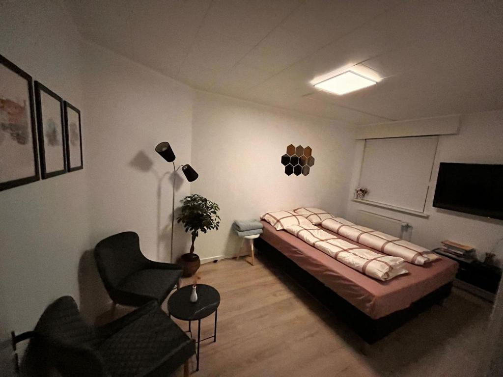 比伦德Shruti's Home的一间卧室配有一张床、一把椅子和电视