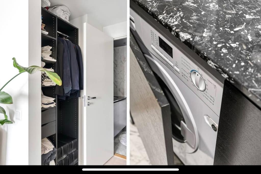 斯德哥尔摩Modern apt. with a great view!的两幅房间洗衣机和烘干机的照片
